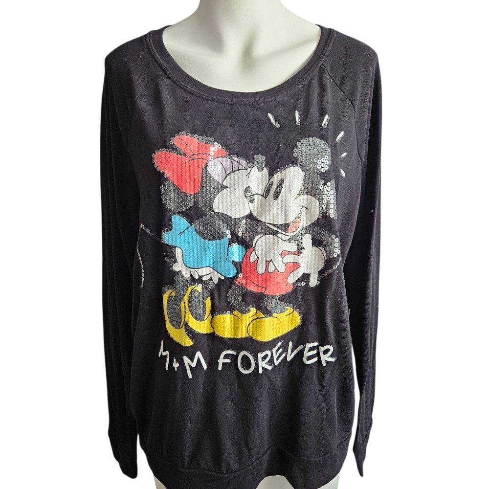 Disney Mickey Minnie Sequined Raglan Crewneck Sweater 15/17 Comfy Romantic